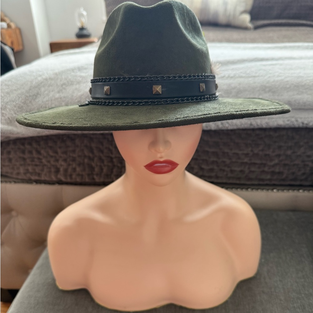 Green Wide Brim Hat with Feather Accent - Picture 6 of 8
